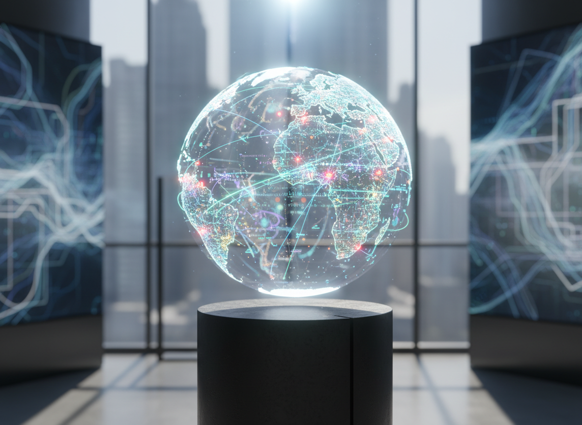 A close-up of a translucent holographic globe floating above a minimalist matte-black pedestal in a clean corporate lobby. The globe surface is overlaid with bright, precise lines connecting major cities, animated data streams, and subtle pulsing AI network nodes. Behind it, a softly blurred background reveals glass walls, abstract digital art panels, and a faint city skyline. Neutral daylight from tall windows mixes with a cool spotlight directly above the globe, creating crisp highlights and a subtle halo around the edges. Photographic realism, shot with a shallow depth of field from a slightly elevated angle. The mood is forward-looking, elegant, and sophisticated, perfectly symbolizing global digital transformation and interconnected innovation.