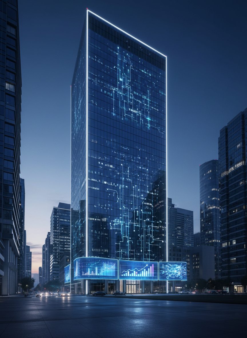 A sleek, midnight-blue glass skyscraper with subtle reflective windows, each pane displaying abstract data patterns and faint circuitry lines, rises from a clean, modern business district. At its base, illuminated digital signage shows stylized graphs and glowing AI network diagrams. The scene is captured at blue hour, with cool ambient city light and soft white architectural uplighting creating crisp highlights along the building’s edges. Photographic realism, shot from a slightly low, wide-angle perspective to emphasize scale and ambition, with a sharp focus foreground and gently blurred skyline. The mood is visionary and professional, conveying digital transformation and corporate innovation in a clean, contemporary aesthetic suitable for a technology-focused business site header image.