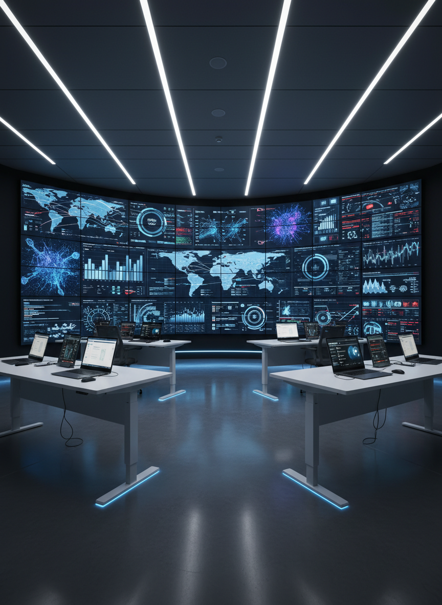 An ultra-modern digital operations command center without any chairs, featuring a curved wall of high-resolution displays showing world maps, live analytics dashboards, AI neural network visualizations, and real-time security metrics. In the foreground, pristine white standing-height workstations hold slim dark laptops and wireless peripherals, their screens glowing with dashboards and automation workflows. Cool, diffused overhead LED lighting combines with subtle blue accent strips beneath the consoles, casting gentle reflections on a polished dark floor. Photographic realism, captured at eye level with a wide lens, using leading lines from the consoles toward the display wall. The atmosphere is focused, secure, and high-tech, ideal for illustrating enterprise-wide digital transformation and AI-driven decision making.