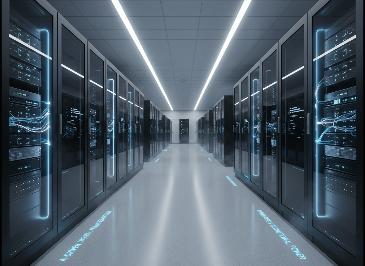 A high-end server rack corridor inside a next-generation data center, with rows of matte-black cabinets extending into the distance, each door featuring subtle blue and white indicator lights forming rhythmic patterns. Transparent side panels reveal neatly arranged fiber cables and shimmering AI accelerator units. The polished light-gray floor reflects the cool, evenly diffused overhead LED lighting, while a faint mist of chilled air adds a crisp, controlled atmosphere. Photographic realism, captured with a centered, vanishing-point composition that draws the eye straight down the aisle. The mood is secure, reliable, and cutting-edge, conveying the technological backbone that powers AI-driven digital transformation for enterprises and institutions.